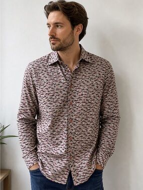 Ted Baker Men's Long-Sleeve Button-Down Shirt in Red and Gray Microprint